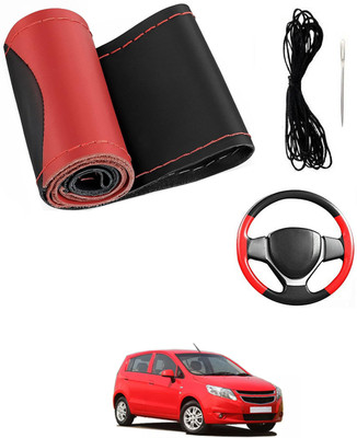 MATIES Hand Stiched Steering Cover For Chevrolet Sail UVA(Red/Black, Leatherite)