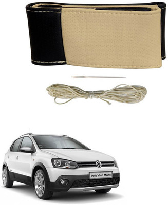 RKPSP Hand Stiched Steering Cover For Universal For Car Polo GT(Beige/Black, Leatherite)