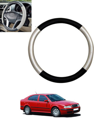 monolive Hand Stiched Steering Cover For Skoda Octavia(Silver/Black, Leatherite)