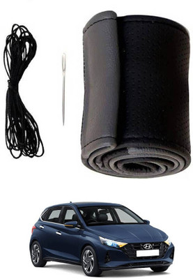 MATIES Hand Stiched Steering Cover For Hyundai i20(Black/Grey, Leatherite)