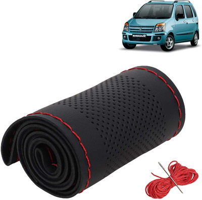 Kingsway Hand Stiched Steering Cover For Maruti WagonR(Black Color with Red Thread, Leatherite)