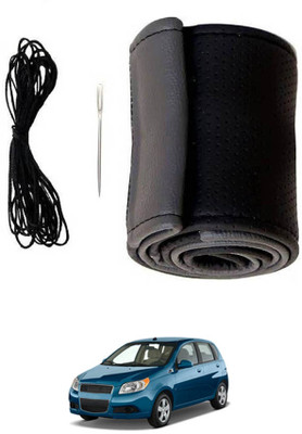 RKPSP Hand Stiched Steering Cover For Chevrolet Aveo(Grey, Black, Leatherite)