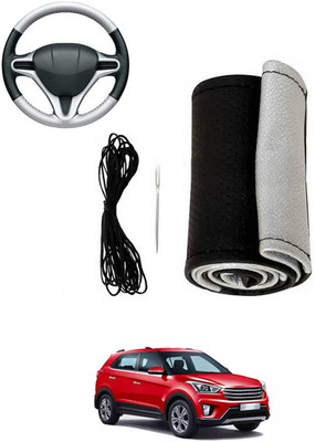 MATIES Hand Stiched Steering Cover For Hyundai Creta(Silver, Black, Leatherite)