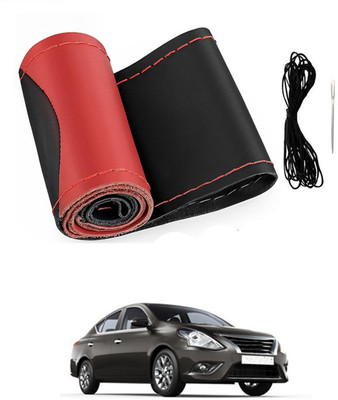 MATIES Hand Stiched Steering Cover For Nissan Sunny(Red/Black, Leatherite)
