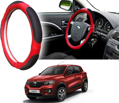 Selifaur Steering Cover For Renault Kwid(Black Red, Leatherite, Fabric)