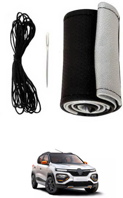 MATIES Hand Stiched Steering Cover For Renault Universal For Car(Black-Silver, Leatherite)