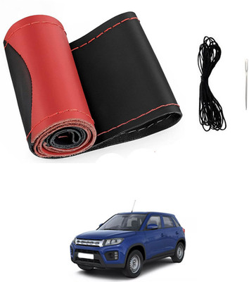 MATIES Hand Stiched Steering Cover For Universal For Car Universal For Car(Red/Black, Leatherite)