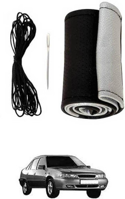 MATIES Hand Stiched Steering Cover For Daewoo Cielo(Black-Silver, Leatherite)