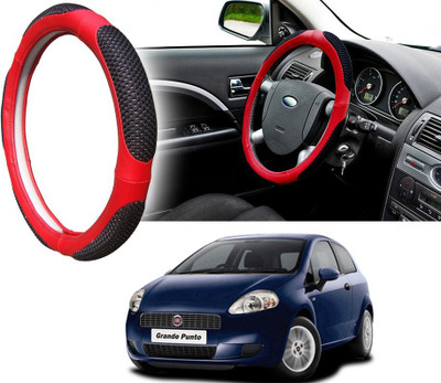 Selifaur Steering Cover For Fiat Grand Punto(Black Red, Leatherite, Fabric)