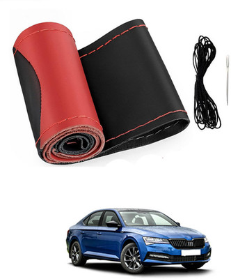 monolive Hand Stiched Steering Cover For Skoda Superb(Red/Black, Leatherite)