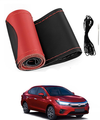 MATIES Hand Stiched Steering Cover For Honda Universal For Car(Red/Black, Leatherite)