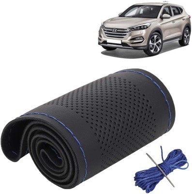 Kingsway Hand Stiched Steering Cover For Hyundai Tucson(Black Color with Blue Thread, Leatherite)