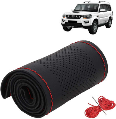 Kingsway Hand Stiched Steering Cover For Mahindra Scorpio(Black Color with Red Thread, Leatherite)