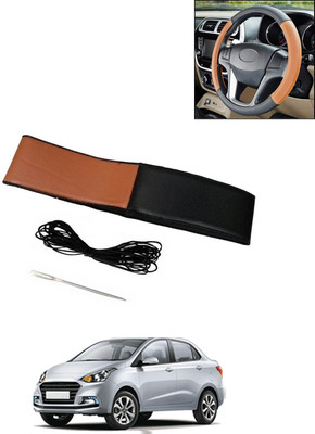 AYW Hand Stiched Steering Cover For Hyundai Xcent(Tan/Black, Leatherite)