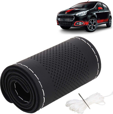 Kingsway Hand Stiched Steering Cover For Fiat Punto(Black Color with Silver Thread, Leatherite)
