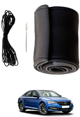 monolive Hand Stiched Steering Cover For Skoda Superb(Grey/Black, Leatherite)