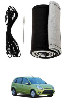MSNP Hand Stiched Steering Cover For Ford Figo(Silver Black, Leatherite)