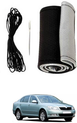 monolive Hand Stiched Steering Cover For Skoda Laura(Silver/Black, Leatherite)