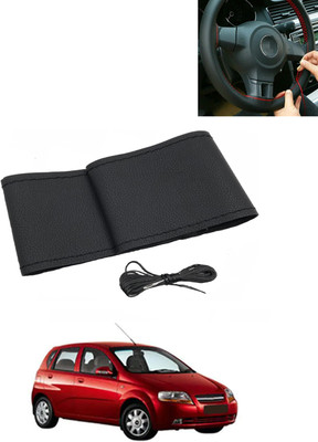 MATIES Hand Stiched Steering Cover For Chevrolet Aveo UVA(Black, Leatherite)