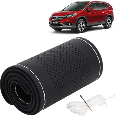 Kingsway Hand Stiched Steering Cover For Honda CR-V(Black Color with Silver Thread, Leatherite)