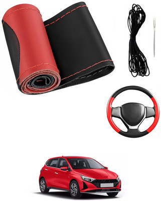 MATIES Hand Stiched Steering Cover For Hyundai i20(Red/Black, Leatherite)