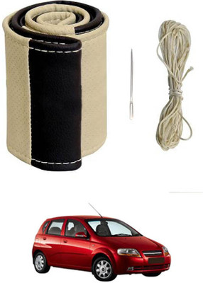 MATIES Hand Stiched Steering Cover For Chevrolet Aveo UVA(Beige/Black, Leatherite)