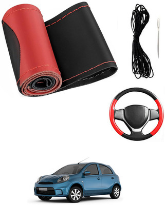 MATIES Hand Stiched Steering Cover For Nissan Micra Active(Red/Black, Leatherite)