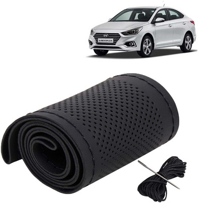 Kingsway Hand Stiched Steering Cover For Hyundai Verna(Black Color with Black Thread, Leatherite)