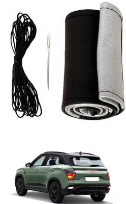 MATIES Hand Stiched Steering Cover For Hyundai Creta(Black-Silver, Leatherite)