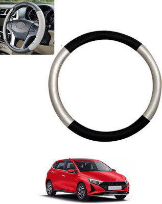 monolive Hand Stiched Steering Cover For Hyundai i20(Silver/Black, Leatherite)