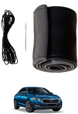 MATIES Hand Stiched Steering Cover For Skoda Octavia(Black/Grey, Leatherite)