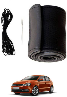 MATIES Hand Stiched Steering Cover For Volkswagen Polo(Black/Grey, Leatherite)