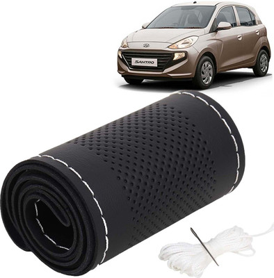 Kingsway Hand Stiched Steering Cover For Hyundai Santro(Black Color with Silver Thread, Leatherite)
