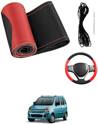 MATIES Hand Stiched Steering Cover For Universal For Car WagonR(Red/Black, Leatherite)