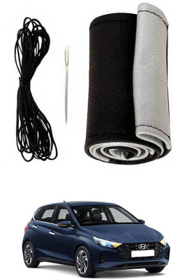 MATIES Hand Stiched Steering Cover For Hyundai i20(Black-Silver, Leatherite)