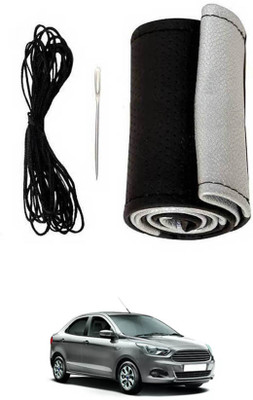 MATIES Hand Stiched Steering Cover For Ford Aspire(Black-Silver, Leatherite)