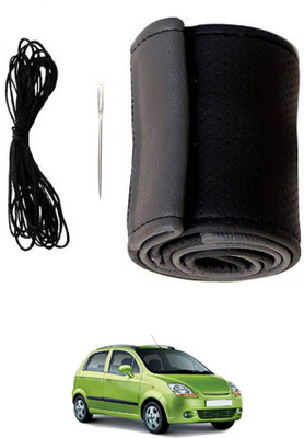 MATIES Hand Stiched Steering Cover For Chevrolet Spark(Black/Grey, Leatherite)