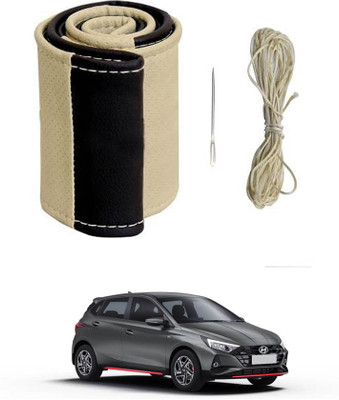 MATIES Hand Stiched Steering Cover For Hyundai Universal For Car(Beige/Black, Leatherite)