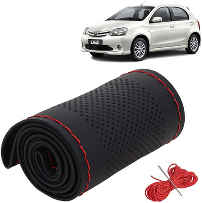 Kingsway Hand Stiched Steering Cover For Toyota Etios Liva(Black Color with Red Thread, Leatherite)