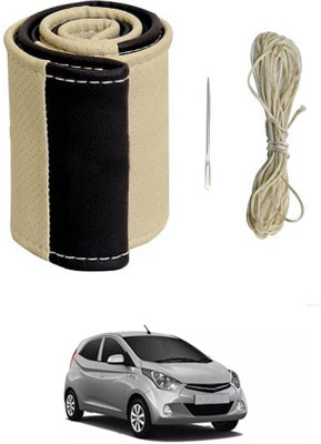 MATIES Hand Stiched Steering Cover For Hyundai Eon(Beige/Black, Leatherite)
