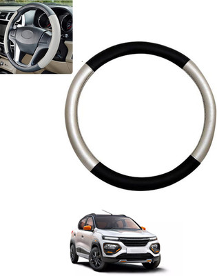 monolive Hand Stiched Steering Cover For Renault Universal For Car(Silver/Black, Leatherite)