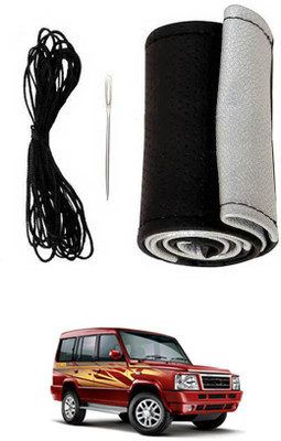 MATIES Hand Stiched Steering Cover For Tata Sumo(Black-Silver, Leatherite)