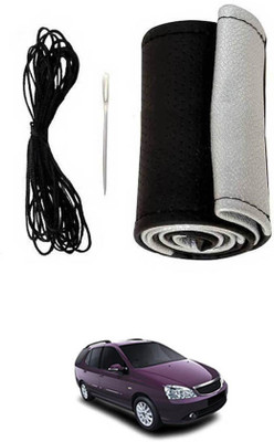 MATIES Hand Stiched Steering Cover For Tata Indigo Marina(Black-Silver, Leatherite)