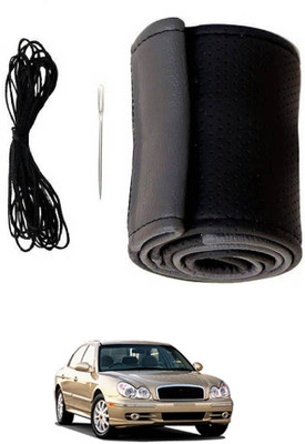 MATIES Hand Stiched Steering Cover For Hyundai Sonata(Black/Grey, Leatherite)