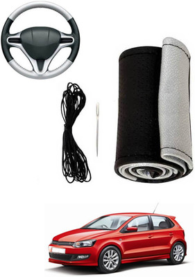 MATIES Hand Stiched Steering Cover For Volkswagen Polo GT(Silver, Black, Leatherite)