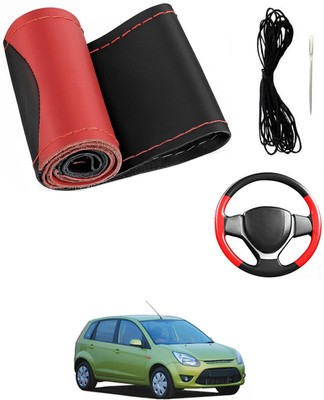 MATIES Hand Stiched Steering Cover For Ford Figo(Red/Black, Leatherite)