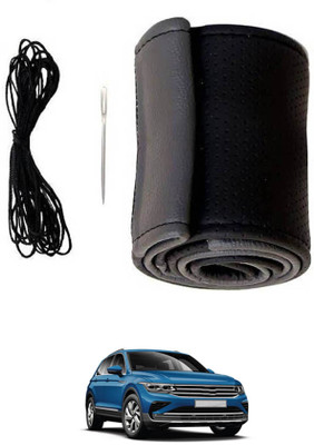 MATIES Hand Stiched Steering Cover For Volkswagen Universal For Car(Black/Grey, Leatherite)