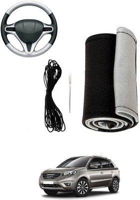 MATIES Hand Stiched Steering Cover For Renault Koleos(Silver, Black, Leatherite)