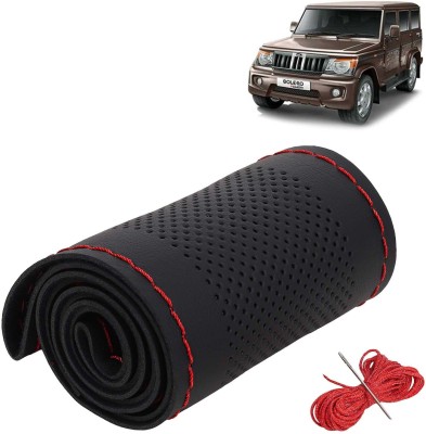 Kingsway Hand Stiched Steering Cover For Mahindra Bolero(Black Color with Red Thread, Leatherite)