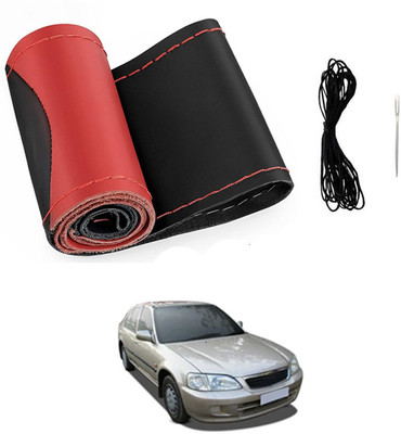 MATIES Hand Stiched Steering Cover For Honda City(Red/Black, Leatherite)